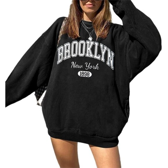 ⚡Women Black Brooklyn Imported Graphic Crewneck Long Sleeve Pullover Sweatshirt - Picture 3 of 5